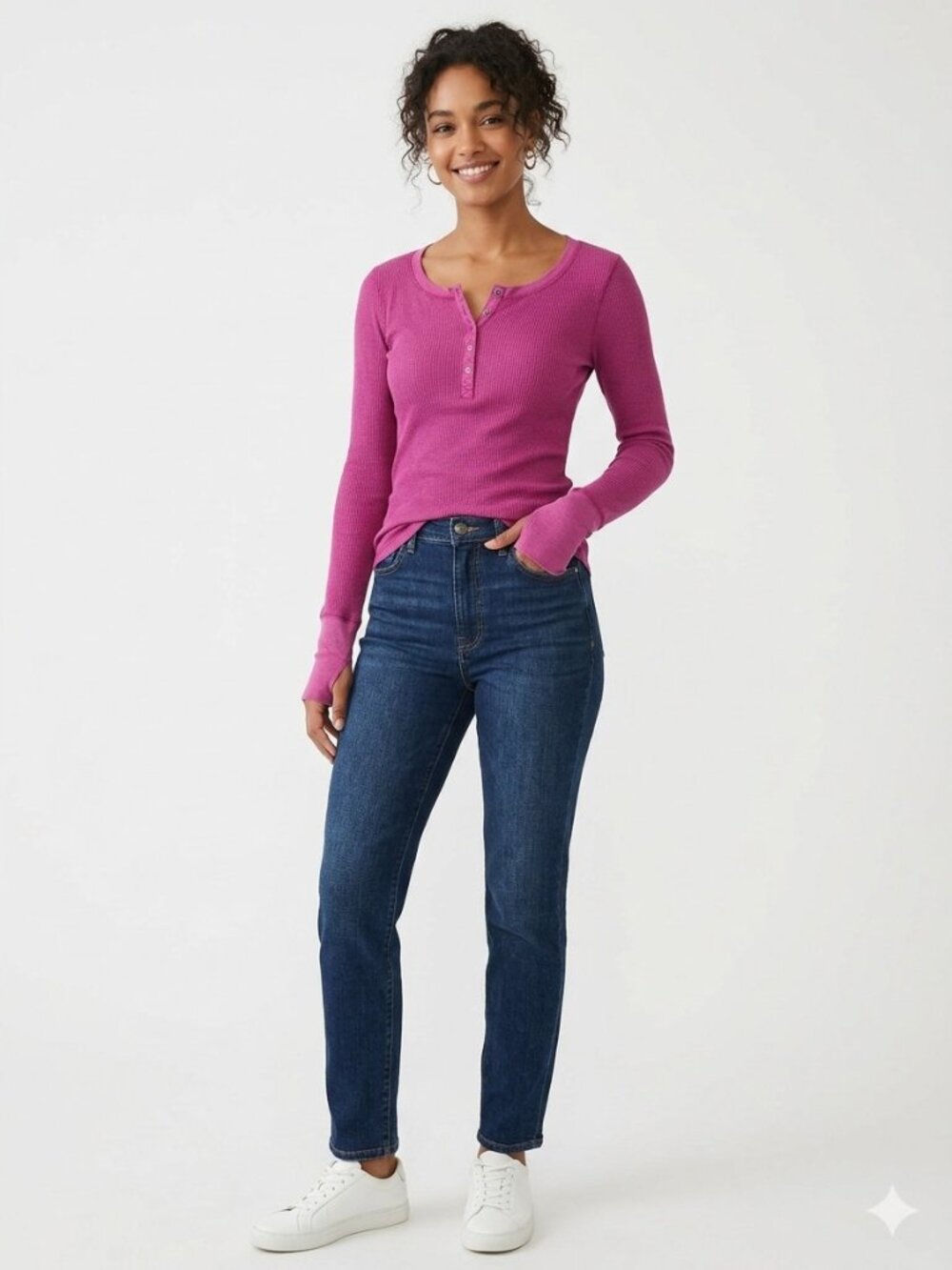 Mossimo Supply Co Shirt Womens M Pink Waffle Henley Thermal Long Sleeve